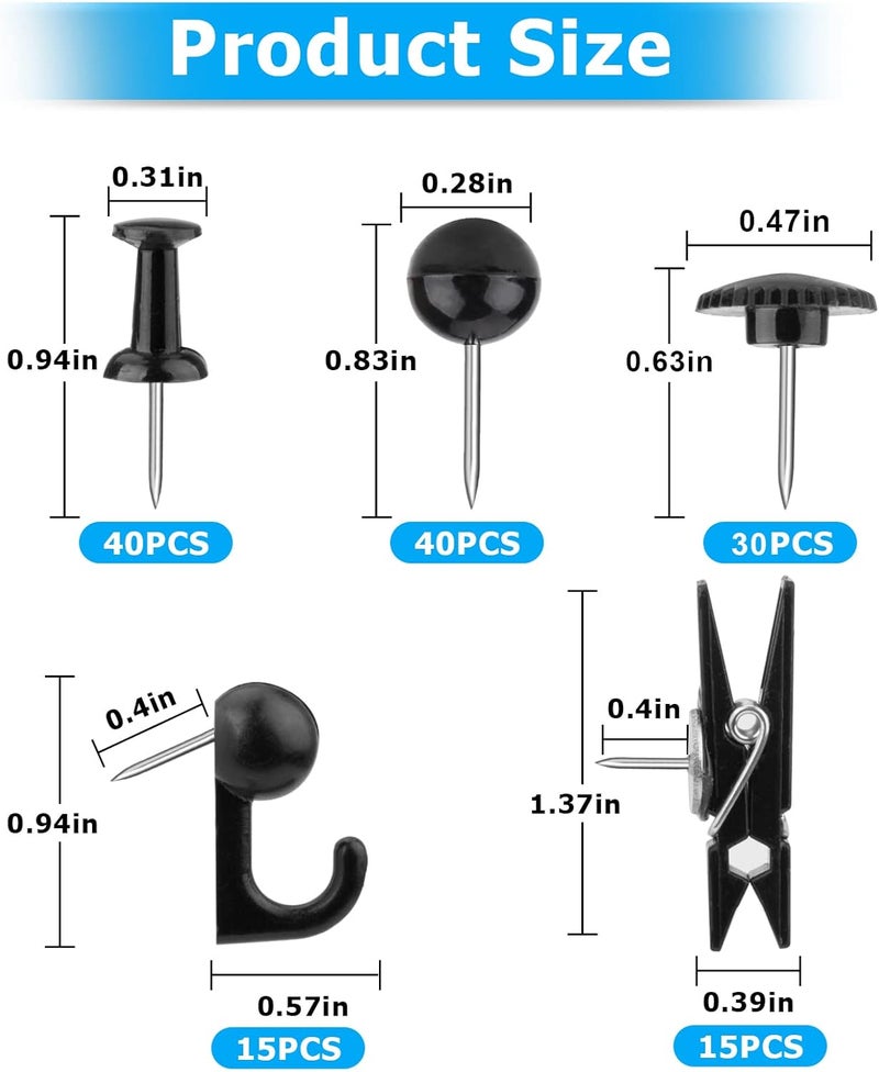 Yalis Black Push Pins Set, 5 Styles 140-count Thumb Tacks Map Pins, Steel Point and Dark Plastic Head Pushpins Black Thumbtacks for Cork Board Bulletin Boards (Black-140pcs) - Image 2